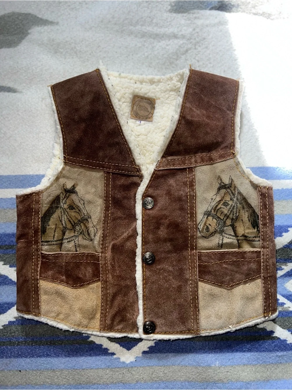 Vintage Handmade Kids Western Leather/Sherpa Vest Size 4 Horse & Rooster Design